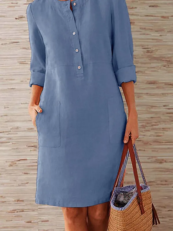 Loose cotton-linen vintage long-sleeved dress - Miuwell.com 