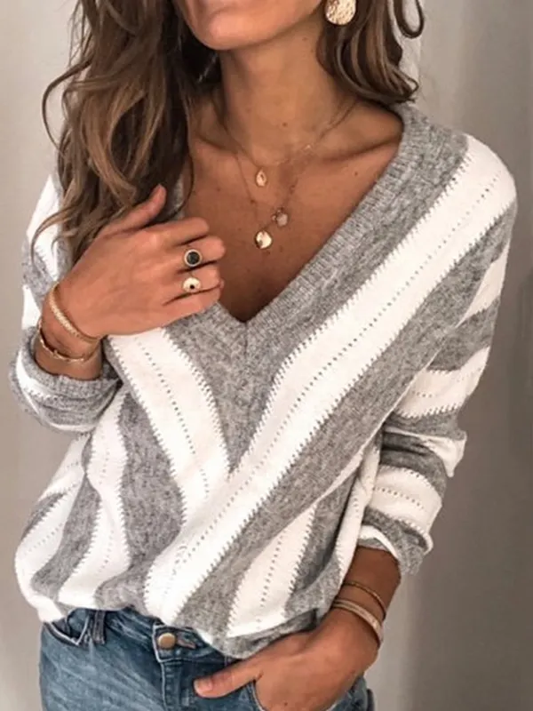 Women's Casual Deep V-Neck Long Sleeve Long Sleeve Loose Sweater - Miuwell.com 