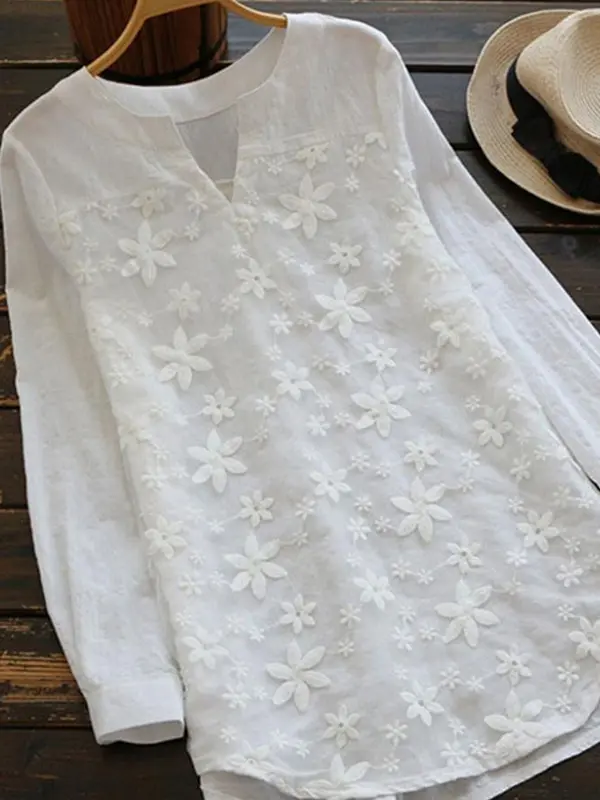 V Neck  Embroidered Patchwork  Embroidery Blouses - Miuwell.com 