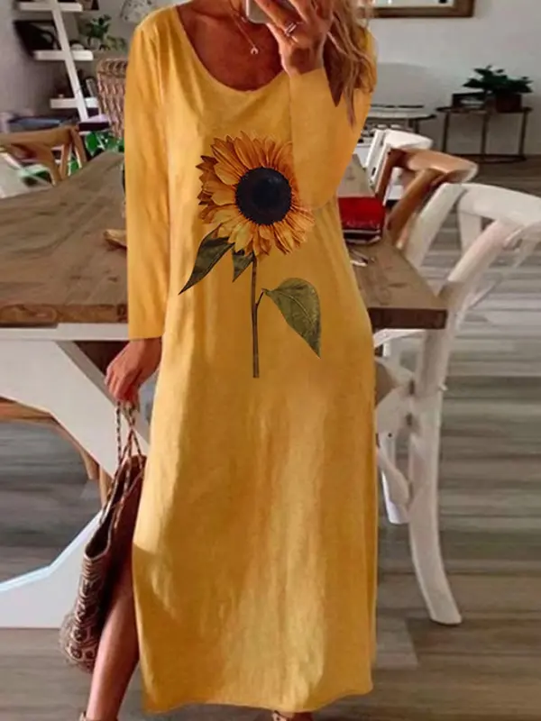 Sunflower plant printed side slit long sleeve dress - Miuwell.com 