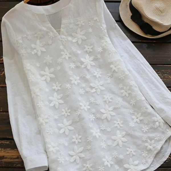 V Neck Embroidered Patchwork Embroidery Blouses - Styletaken.chimpone.com 