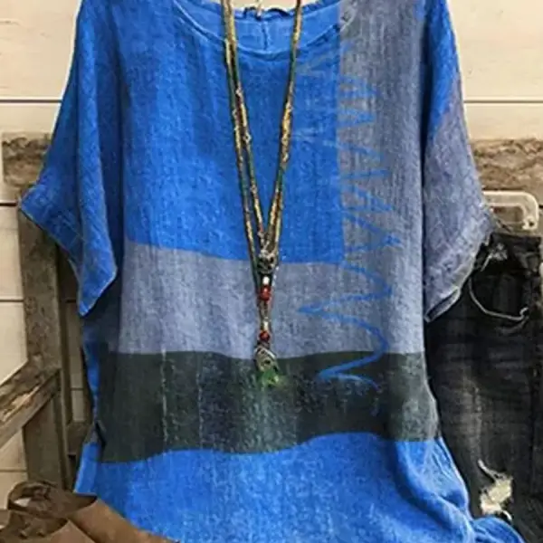 Cotton And Linen Leaf Print Loose Short-sleeved Blouse - Styletaken.chimpone.com 