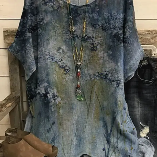 Round Neck Floral Print Cotton And Linen Short-sleeved Blouse - Styletaken.chimpone.com 