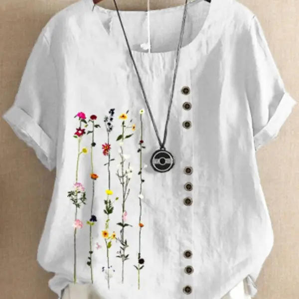 Retro Cotton And Linen Printed Short-Sleeved Blouse - Styletaken.chimpone.com 
