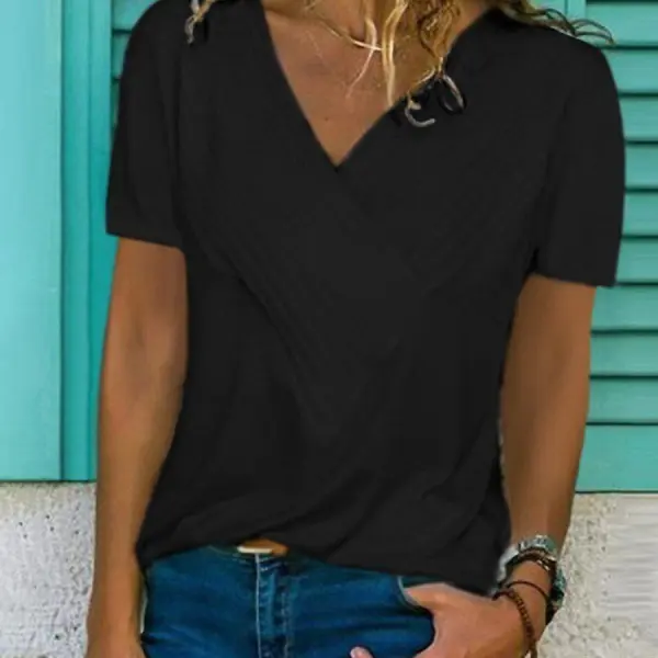 Casual V-neck Solid Color Short Sleeve T-Shirt - Styletaken.chimpone.com 