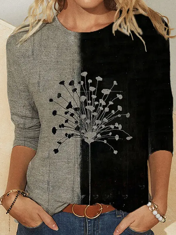 Floral Dandelions Print O-neck Casual T-Shirt - Oasisjoy.com 