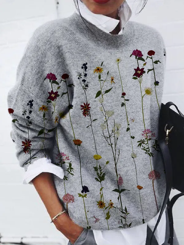 Casual Fashion Flower Print Long-Sleeved Pullover - Oasisjoy.com 