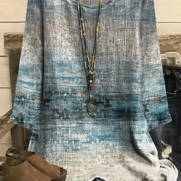 Round Neck Retro Print Loose Casual Long Sleeve Blouse - Kalesafe.com 