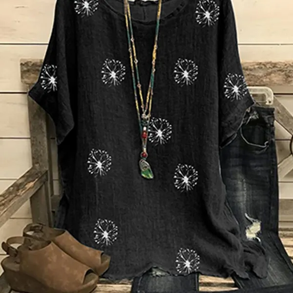 Round Neck Flower Print Loose Fitting Short Sleeve Linen T-shirt - Kalesafe.com 