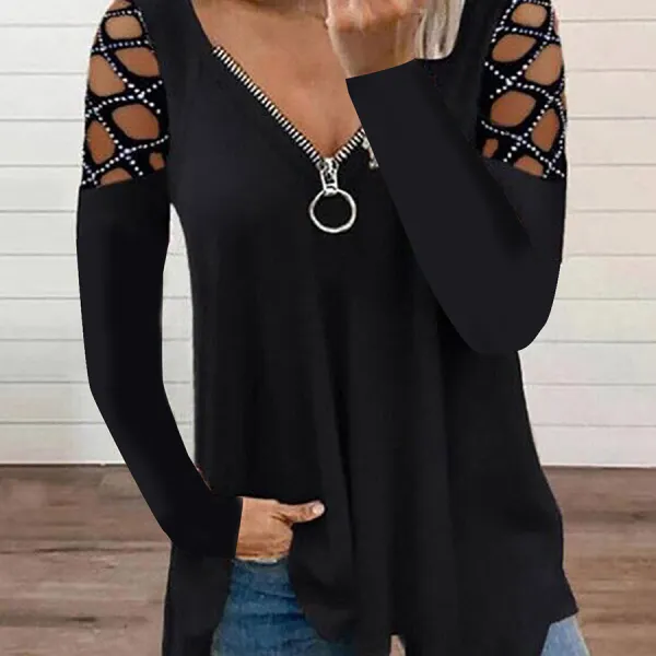 Fashion V-neck Solid Color Hollow Sleeves T-shirt - Kalesafe.com 