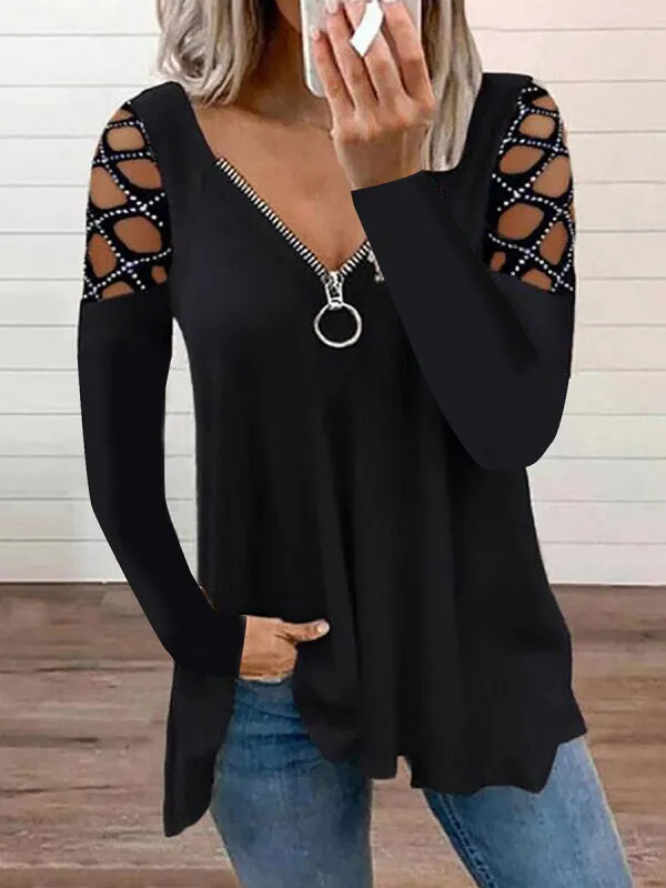 Fashion V-neck Solid Color Hollow Sleeves T-shirt - Oasisjoy.com 