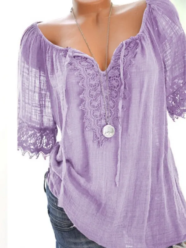 Spring Summer Polyester Women Tie Collar Decorative Lace Plain Short Sleeve Blouses - Oasisjoy.com 