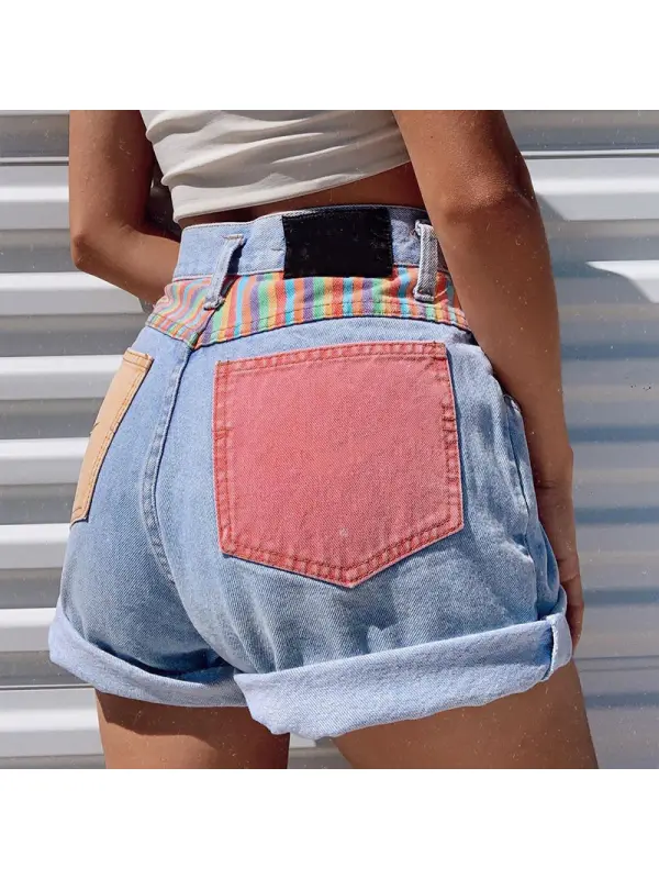 Vintage Patchwork Striped Denim Shorts - Realyiyishop.com 