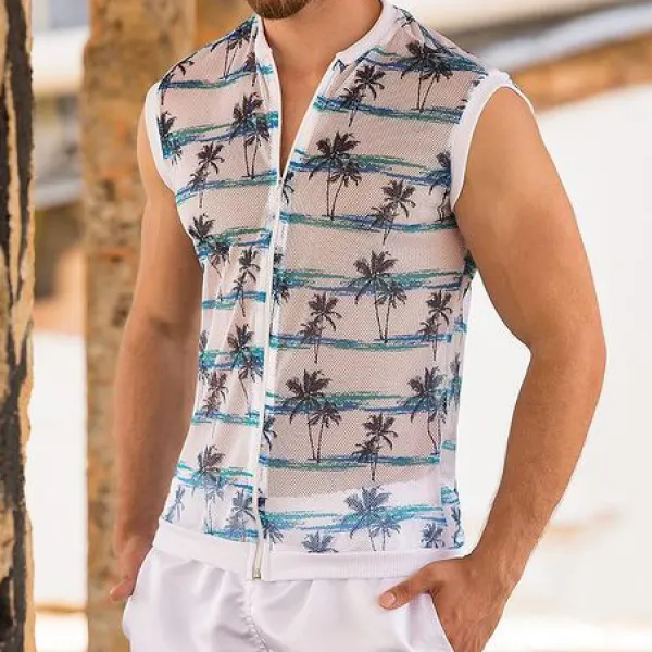 Coconut tree print fierce battle sleeveless shirt - Mobivivi.com 