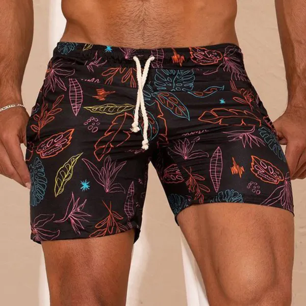 Men's Casual Print Shorts Lace-Up Leaf Pattern Beach Shorts - Keymimi.com 