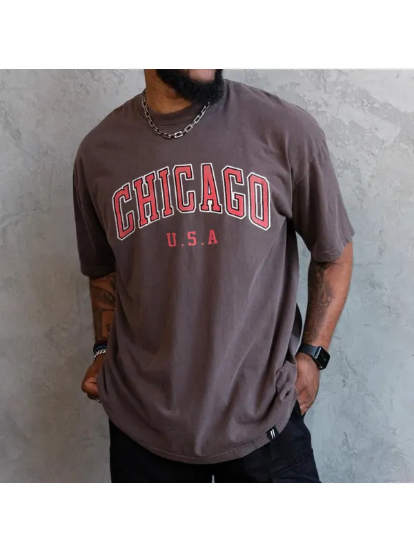 Retro Oversized Men's Chicago Print T-shirt - Realyiyi.com 