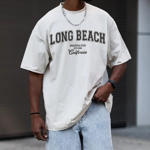 Men's American Retro Street Trend Loose Casual Light Grey Letter Print T-Shirt - Wayrates.com 