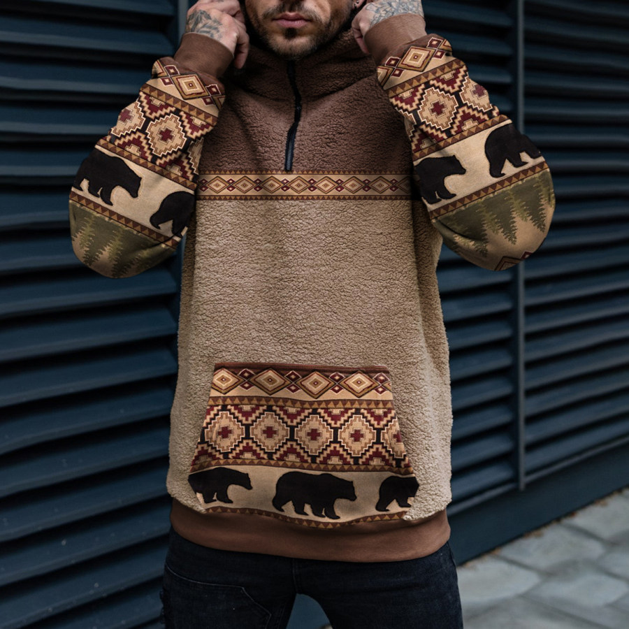 

Retro Men's Casual Bear Geometric Ethnic Print Collage Sherpa Hoodie