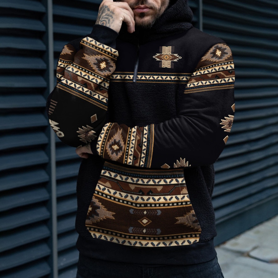 

Men's Casual Western Ethnic Colorblock Sherpa Hoodie