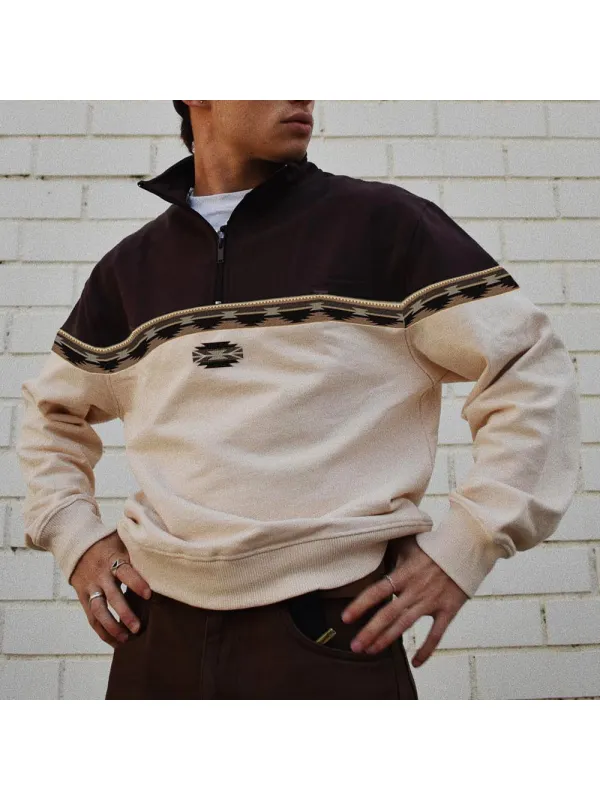 Men's Vintage Print Polo Neck Sweatshirt - Ootdmw.com 