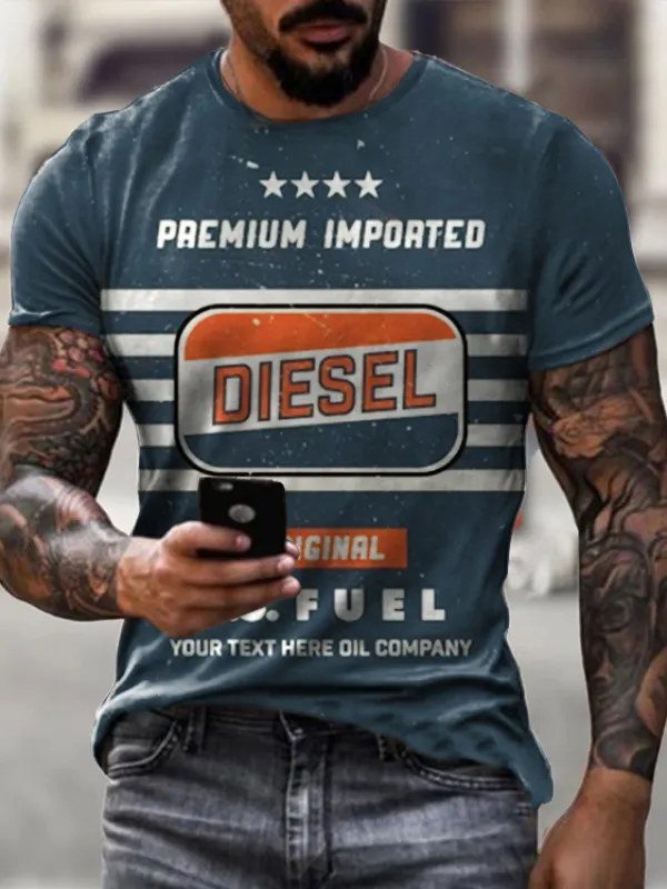 Mens Vintage Motor Diesel Oil Badge Printed T-shirt - Menwyx.com 