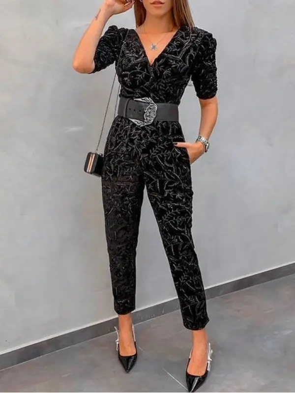 Women's Fashionable Black And White Contrast Leaf Print High-waist Jumpsuit - Realyiyi.com 