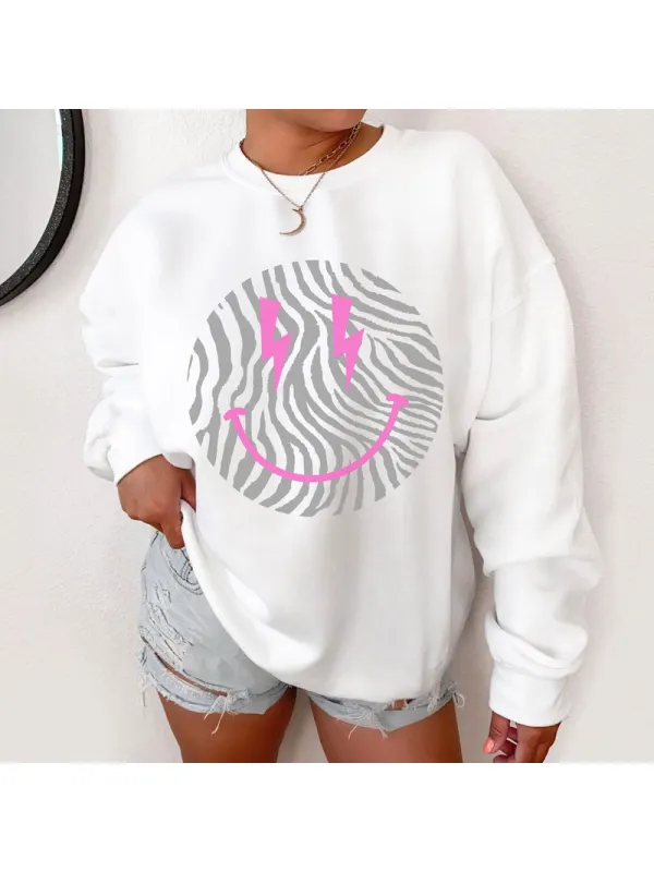 Retro Smile Face Zebra Print Sweatshirt - Ootdmw.com 