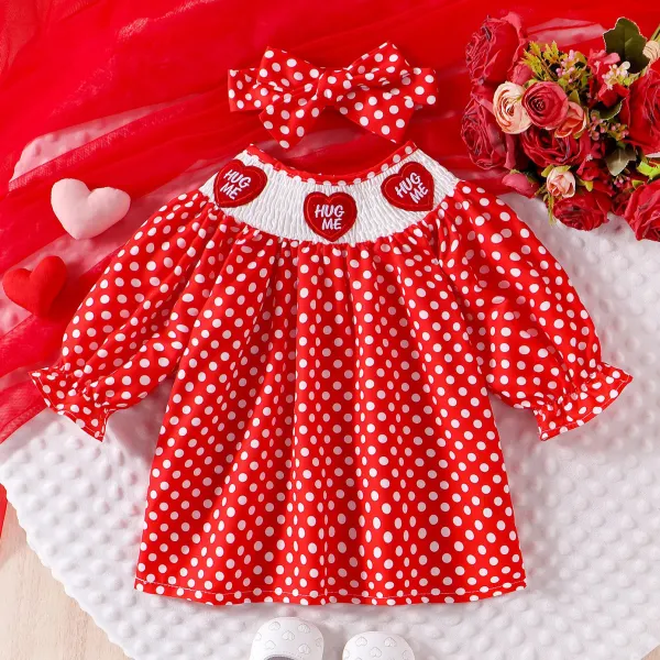 【6M-3Y】2-piece Baby Girl Cute Heart Shape Embroidered Red Polka Dot Dress With Bow Hairband Valentine's Day Outfit - Popopieshop.com 