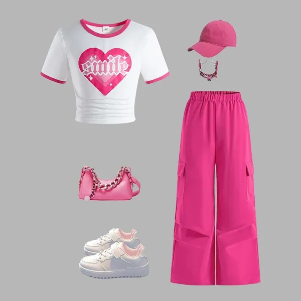 【7Y-12Y】2-piece Girls Stylish Letter And Heart Shape Print Short Sleeve Slippers And Pants Set (accessories Not Included - Popopieshop.com 
