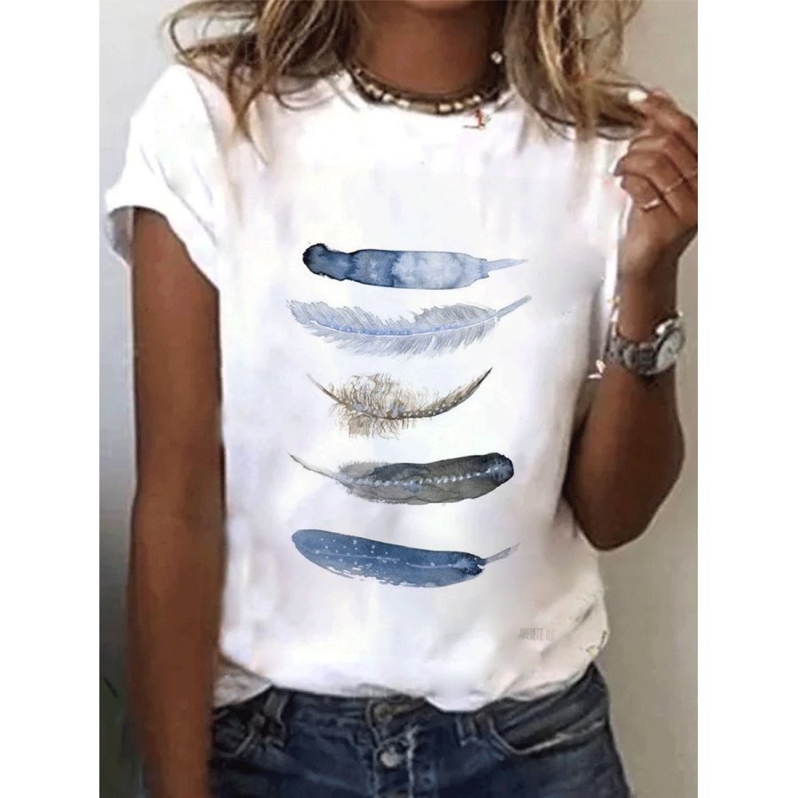 

Fashion Feather Print Round Neck Short Sleeve Casual T-shirt