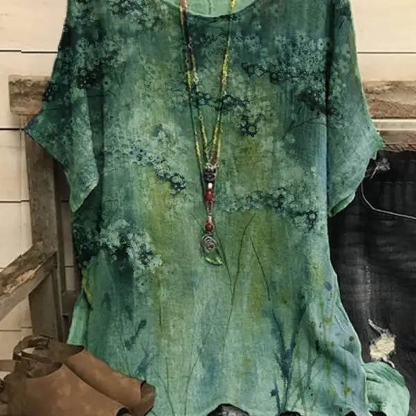 Round Neck Floral Print Cotton And Linen Short-sleeved Blouse - Wayrates.com 