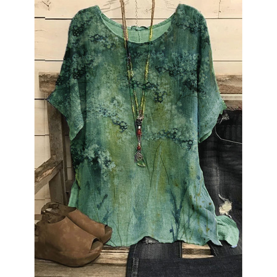

Round Neck Floral Print Cotton And Linen Short-sleeved Blouse