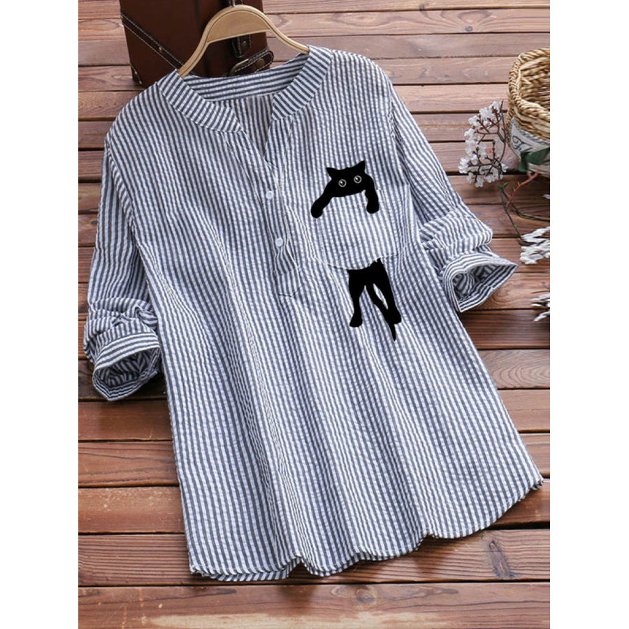 

V-neck Cotton And Linen Striped And Cat Print Long Sleeve Blouse