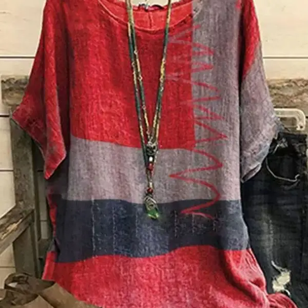 Cotton And Linen Leaf Print Loose Short-sleeved Blouse - Kalesafe.com 