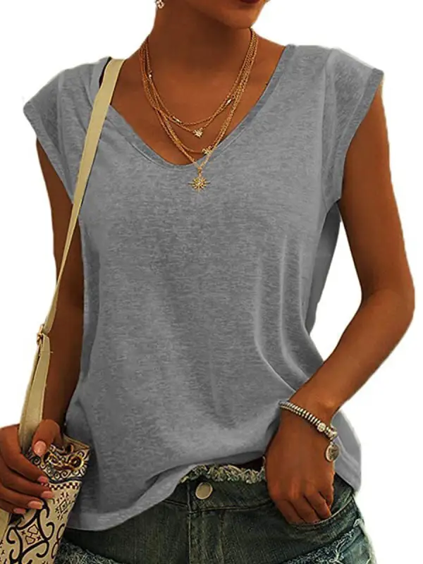 V-neck Solid Color Casual Loose Sleeveless T-shirt - Oasisjoy.com 