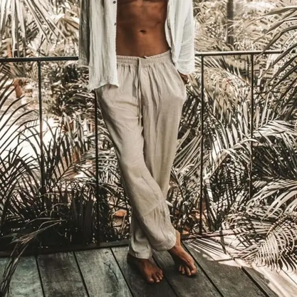 Men's Linen Minimalist Holiday Plain Trousers - Bustalent.com 