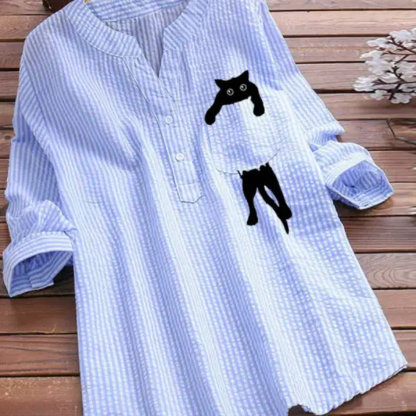 V-neck Cotton And Linen Striped And Cat Print Long Sleeve Blouse - Elementnice.com 