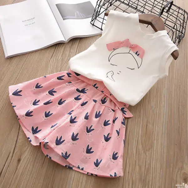 【2Y-9Y】Girl Sweet Cartoon Print Bow Tie Round Neck Vest Shorts Set - Popopiearab.com 