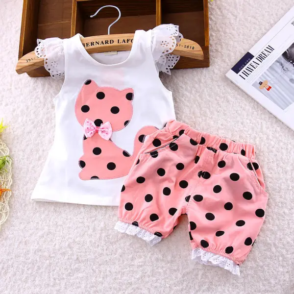 【12M-5Y】Girls Cat Polka Dot Sleeveless T-shirt Polka Dot Shorts Set-Bowknot Random - Popopiestyle.com 