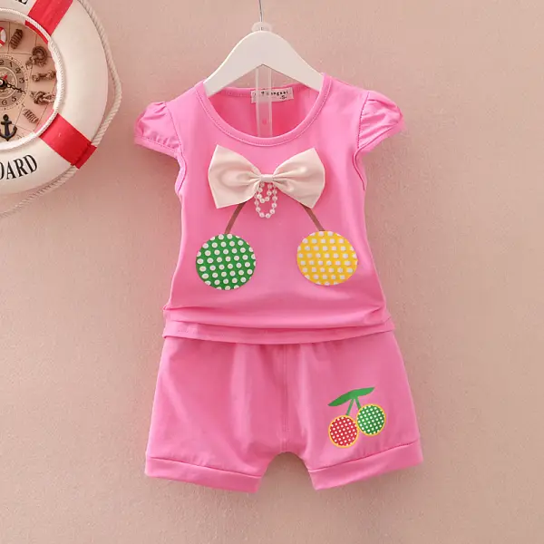 【6M-3Y】Girls Cute Sweet Bow Cherry Short Sleeve T-Shirt Shorts Set - Popopiearab.com 