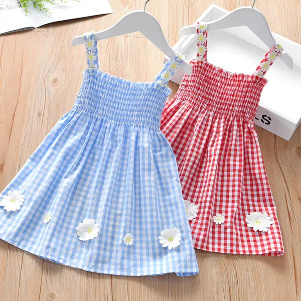 【18M-7Y】Girls Chrysanthemum Ornament Suspenders Plaid Dress - Popopieshop.com 