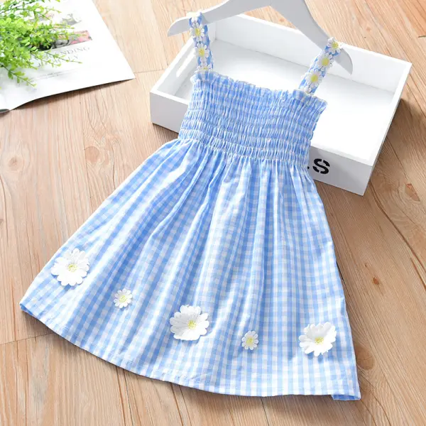 【18M-7Y】Girl Chrysanthemum Ornament Suspenders Plaid Red Blue Dress - Popopiearab.com 