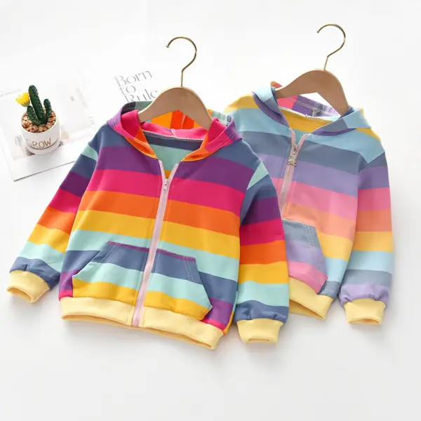 【18M-9Y】Girls Rainbow Stripe Print Hooded Sweatshirt Jacket - 3106 - Popopieshop.com 