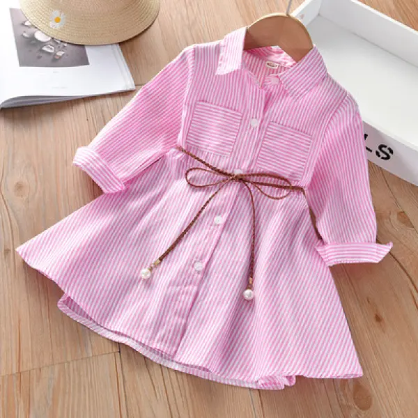 【18M-7Y】Girl Striped Long Sleeve Shirt Dress With Belt Only $24.99 - Popopieshop.com 