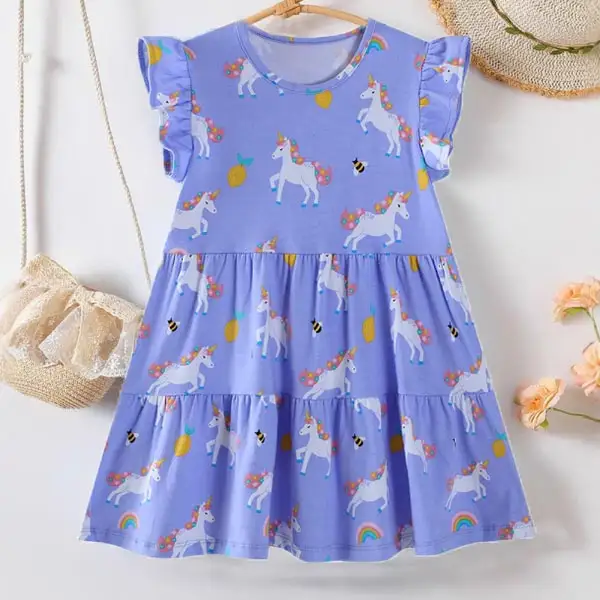 【18M-7Y】Girls Sweet Purple Floral Unicorn Print Ruffle Dress - Popopieshop.com 
