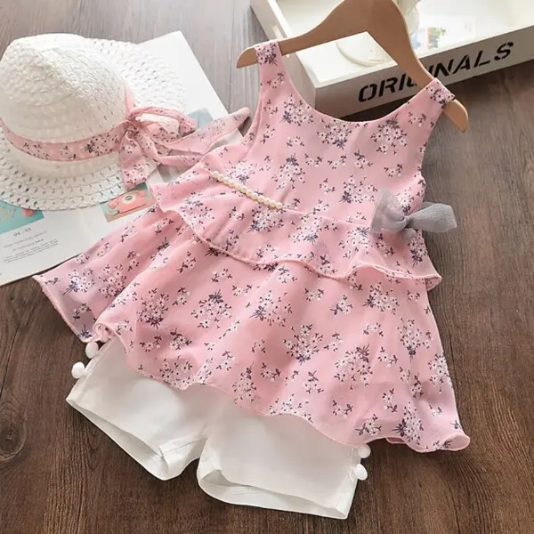 【18M-7Y】Children Clothes Girls 3-piece Chiffon Floral Print Skirt and Shorts Set with Hat - 34678 - Popopieshop.com 