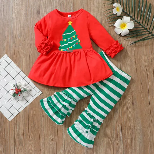 【12M-5Y】Girl Sweet Christmas Tree Print T-shirt And Green Striped Pants Set Only $7.99 - Popopieshop.com 