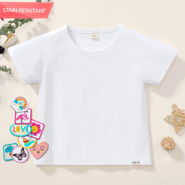 【12M-7Y】Girl Stain Resistant T-shirt With 8-piece DIY Accessories Of Cartoon Jacquar Patch Stickers - 7137 - Popopieshop.com 