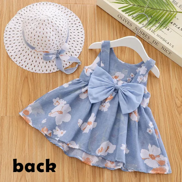 【6M-3Y】2-piece Girls Cute Bow Flower Print Sleeveless Dress With Hat - 33198 - Popopieshop.com 
