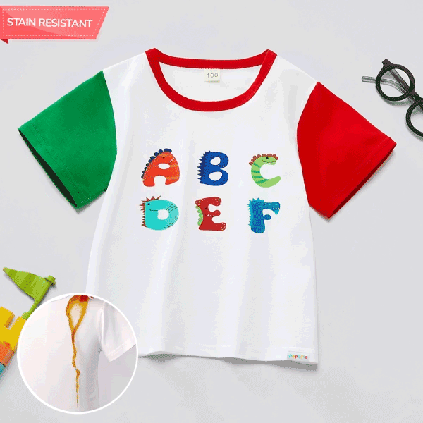 【6M-4Y】Kids Cotton Stain Resistant Letter Prints Colorblock Short Sleeve Tee - Podoasis.com 